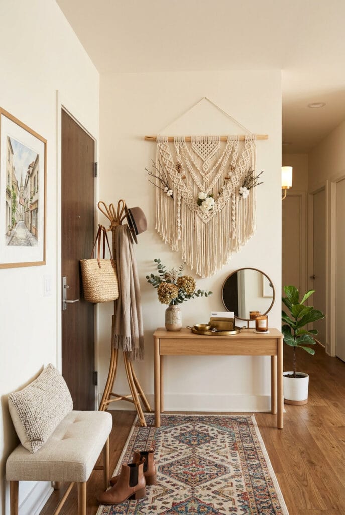 Déco murale en macramé avec suspensions nouées à l'entrée