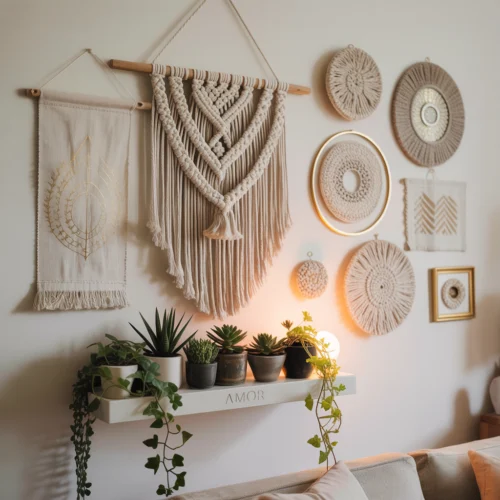 Déco murale DIY cosy avec cadres textiles, macramé et étagères flottantes sur un mur neutre