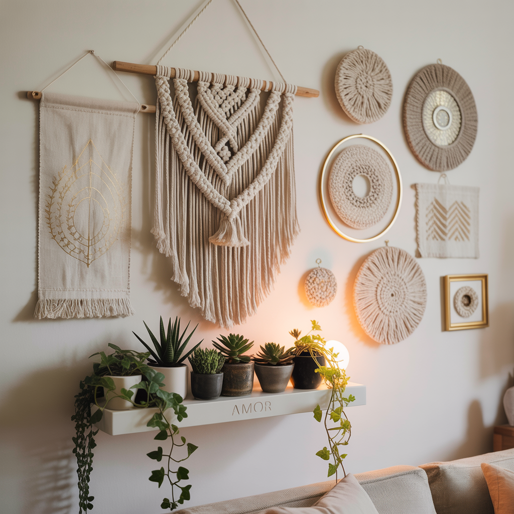 Déco murale DIY cosy avec cadres textiles, macramé et étagères flottantes sur un mur neutre