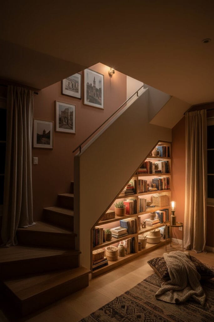 Coin lecture bohème chic sous escalier dans un appartement duplex en ambiance soirée