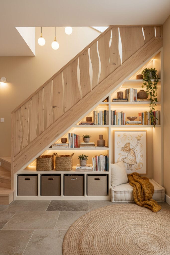 Aménagement Sous Escalier bohème chic avec bibliothèque intégrée, escalier sécurisé et coin lecture chaleureux.