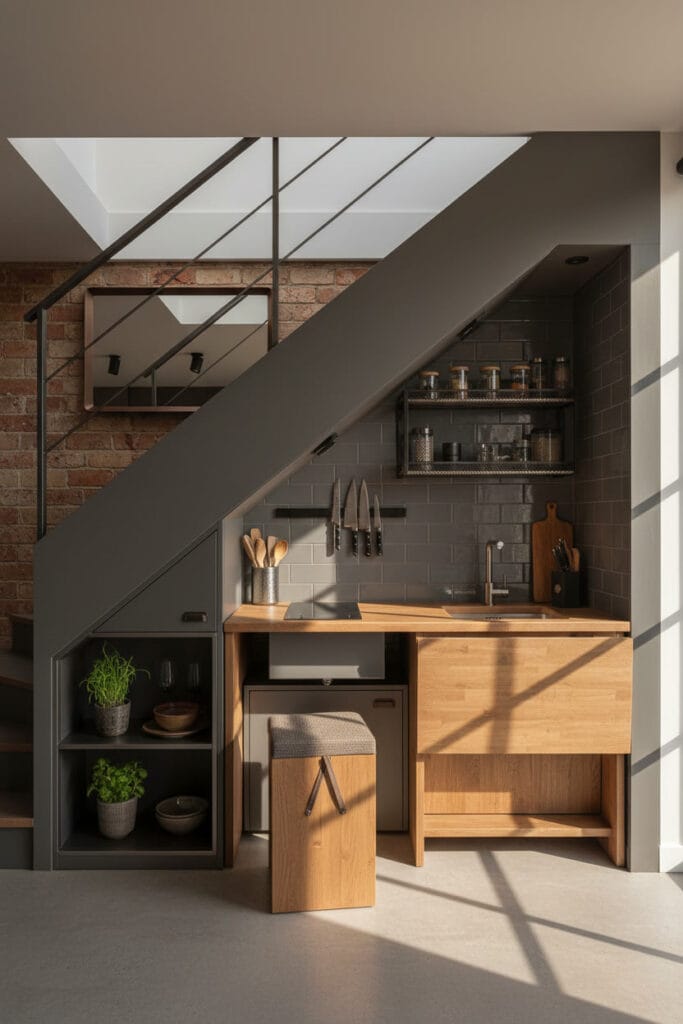 Kitchenette pratique sous escalier dans un duplex au style industriel chic en après-midi