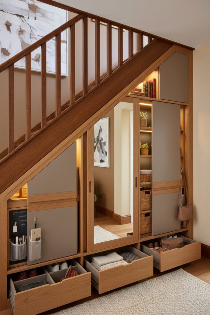 Cabinet de rangement sous escalier dans un duplex moderne chaleureux