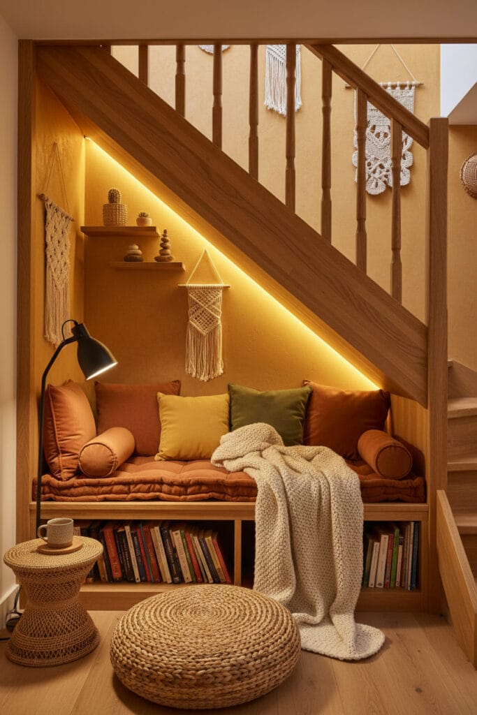 Coin lecture sous escalier dans un duplex bohème chic