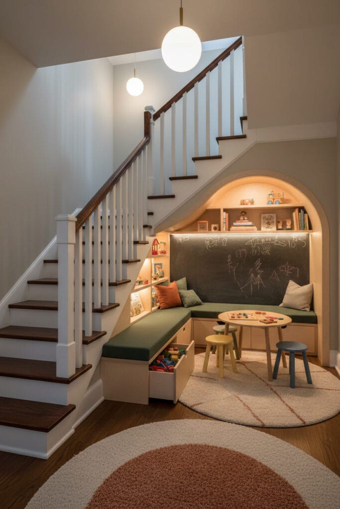 Espace jeu sous escalier avec mobilier sécurisé et éléments créatifs