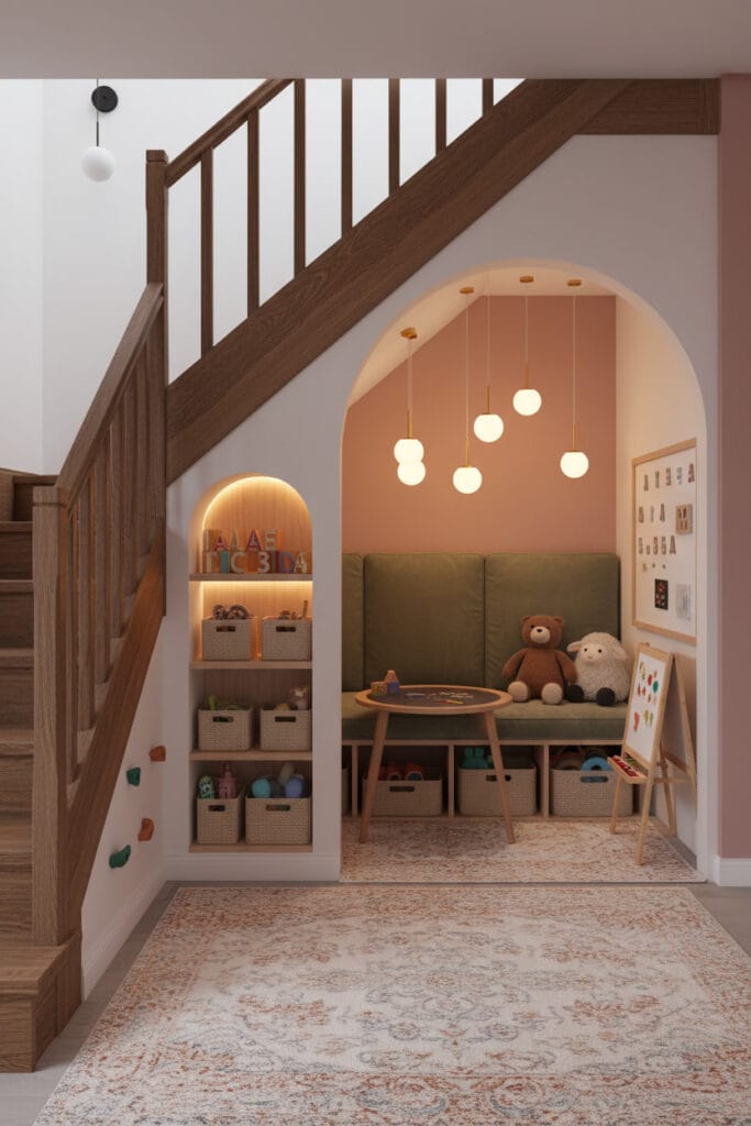 Espace jeu sous escalier avec mobilier coloré et éléments créatifs