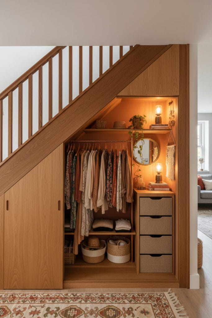 Dressing caché sous escalier avec éclairage chaleureux et rangement organisé