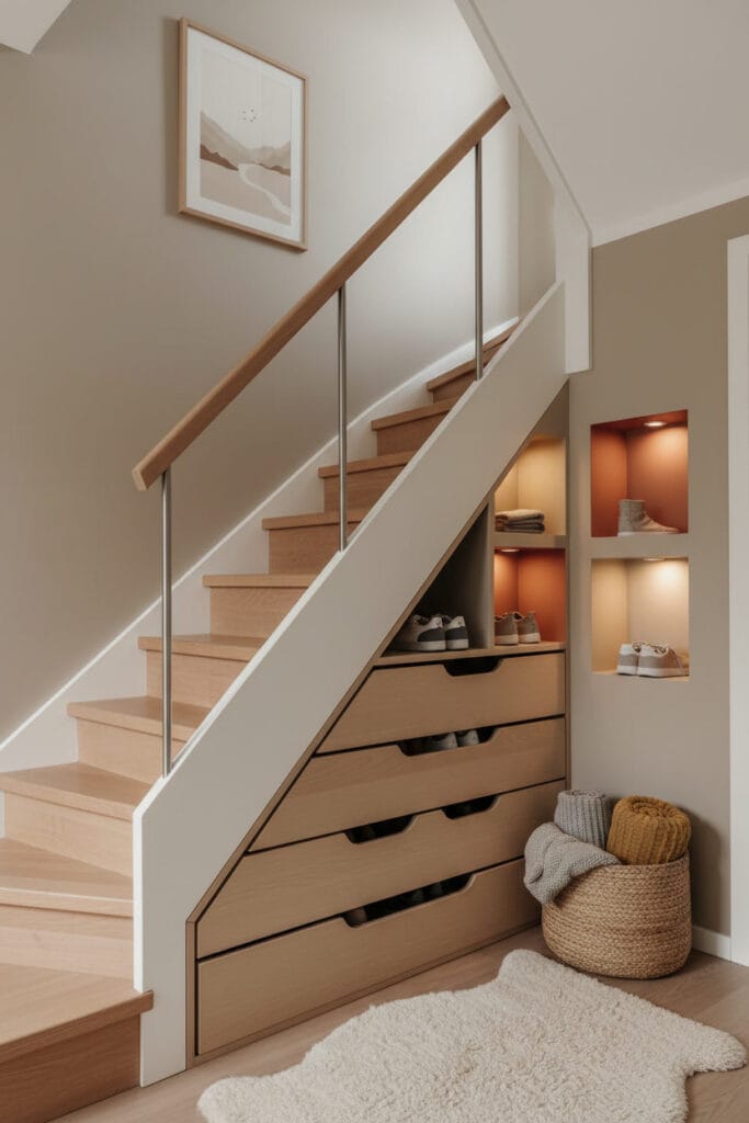 Aménagement Sous Escalier dans un petit espace scandinave, rangement chaussures optimisé et escalier stylé.