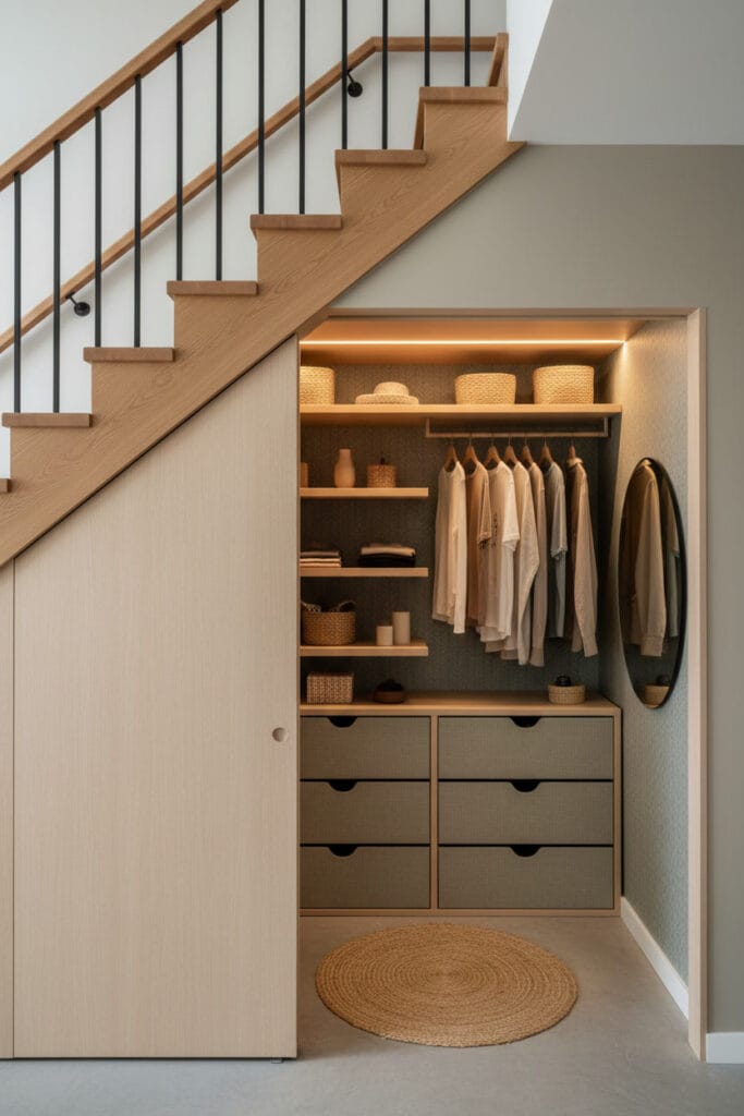 Dressing sous escalier avec rangement minimaliste et décor Japandi