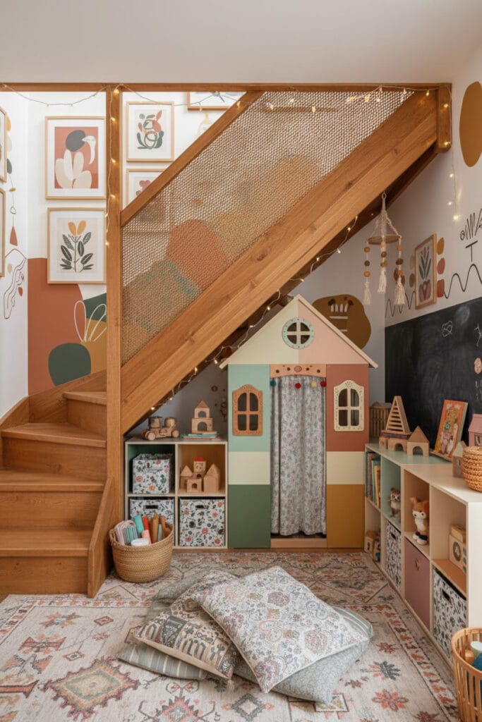 Aménagement Sous Escalier avec espace jeu pour enfants style Bohème Cosy, petit espace ludique et escalier réaliste et harmonieux.