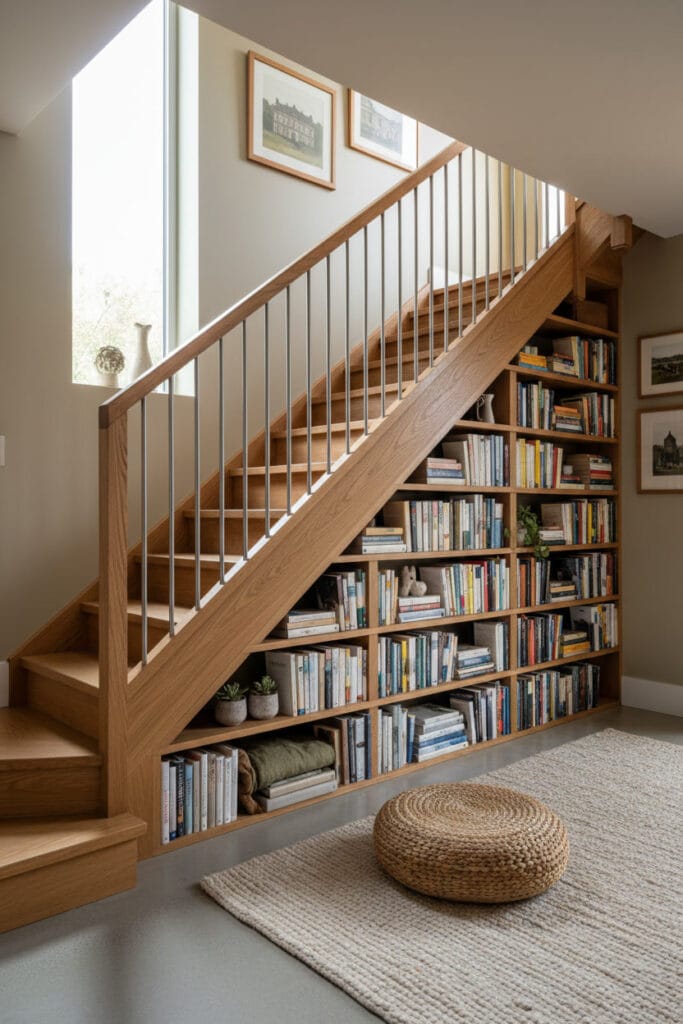 Bibliothèque intégrée sous escalier dans un appartement duplex au style naturel et chaleureux