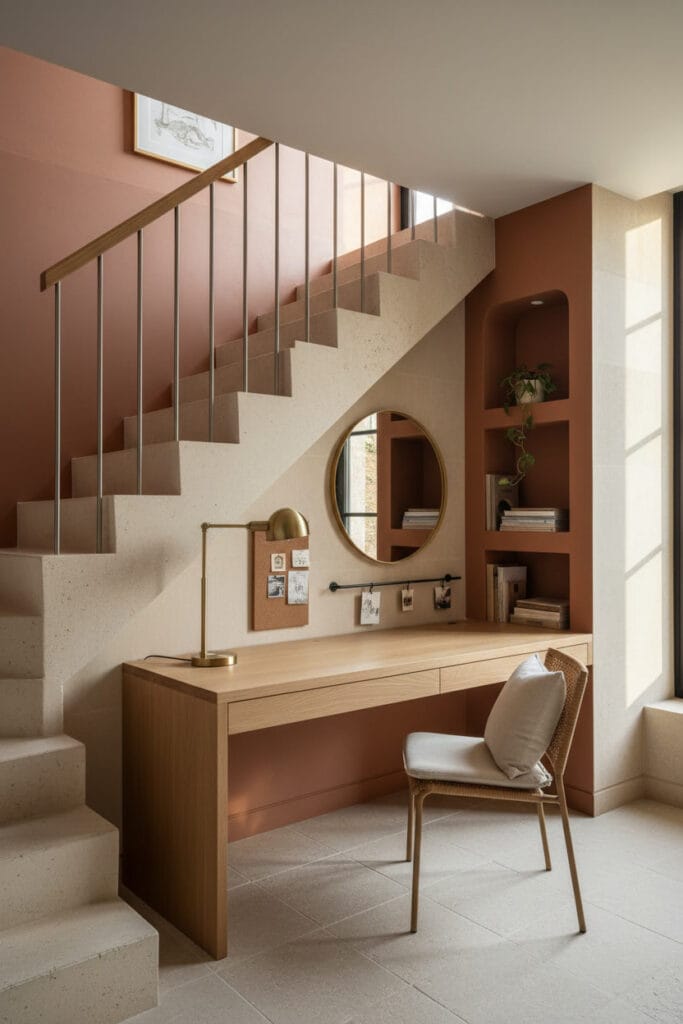Coin bureau discret sous escalier dans un appartement duplex au style moderne méditerranéen