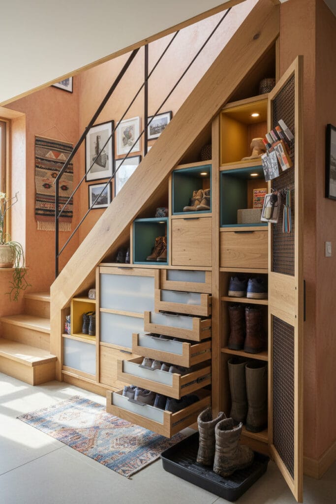 Rangement chaussures sous escalier dans un duplex au style moderne éclectique