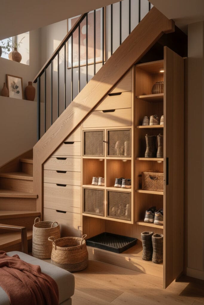 Sous escalier aménagé pour chaussures dans un duplex au style moderne chaleureux
