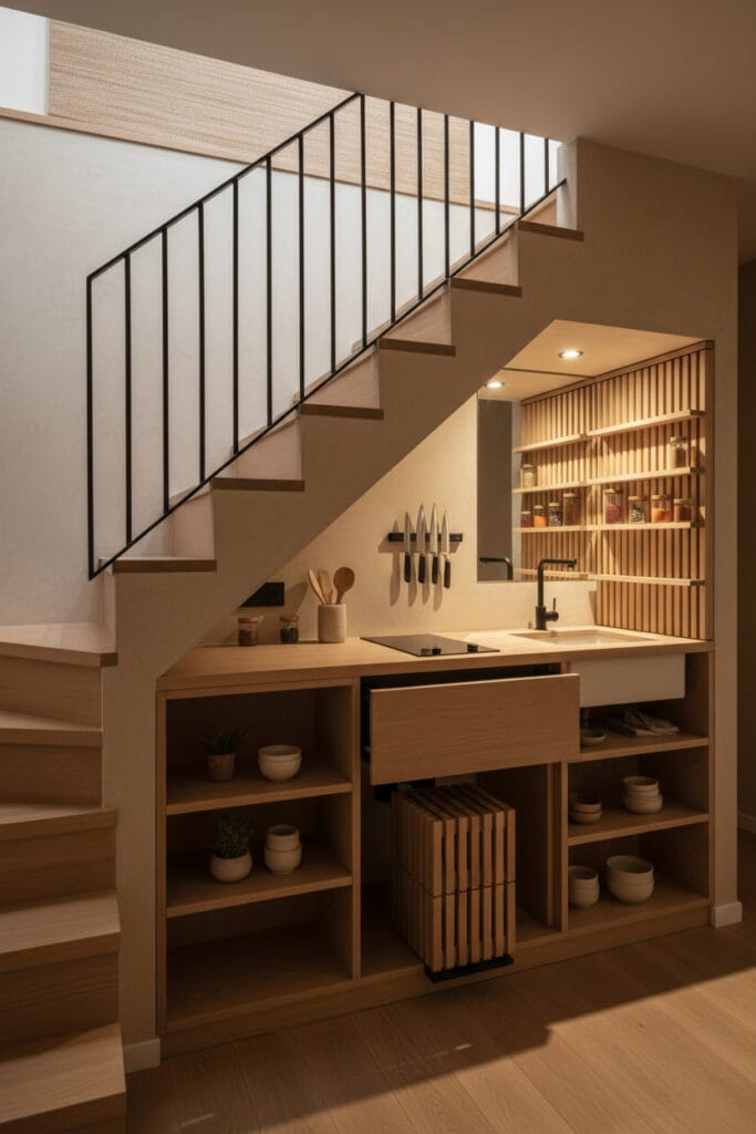 Kitchenette sous escalier dans un duplex au style Japandi