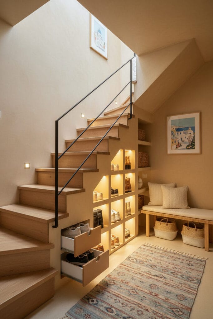 Aménagement Sous Escalier dans un petit espace méditerranéen, rangement chaussures optimisé et escalier harmonieux.