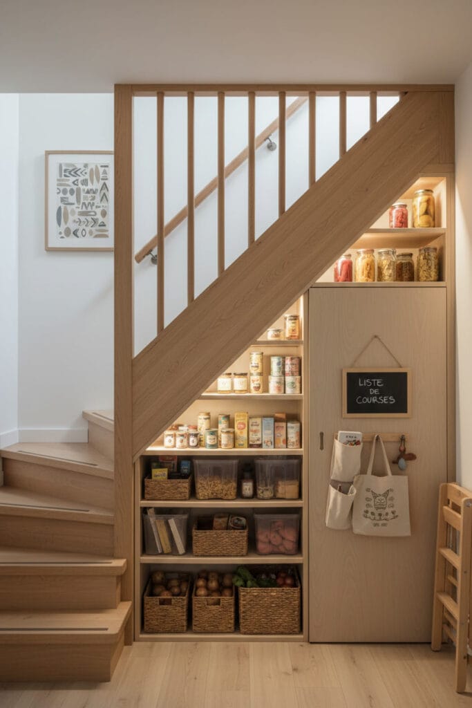 Aménagement Sous Escalier avec cellier organisé style Moderne Scandinave, petit espace fonctionnel et escalier proportionné.