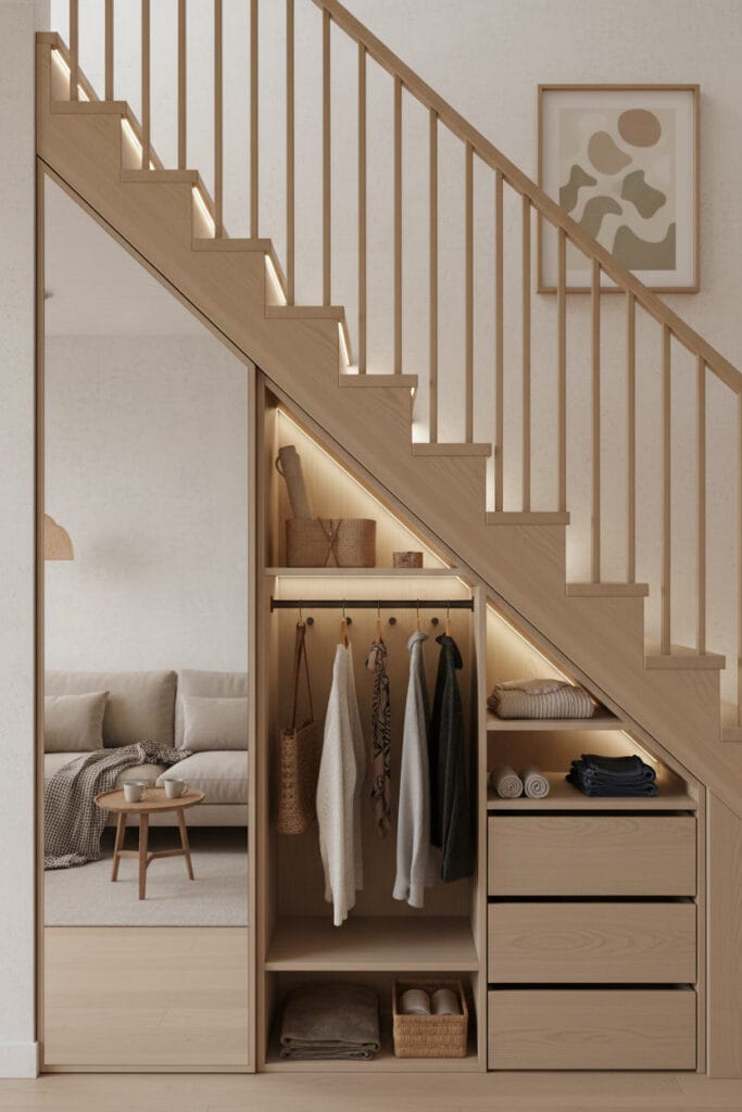 Aménagement Sous Escalier avec dressing caché style Moderne Japandi, petit espace fonctionnel et escalier proportionné.
