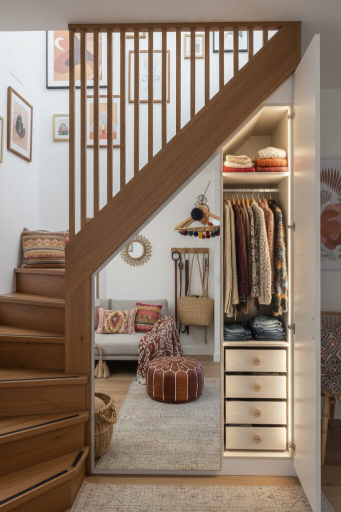 Aménagement Sous Escalier avec dressing caché style Moderne Bohème Chic, petit espace fonctionnel et escalier proportionné.