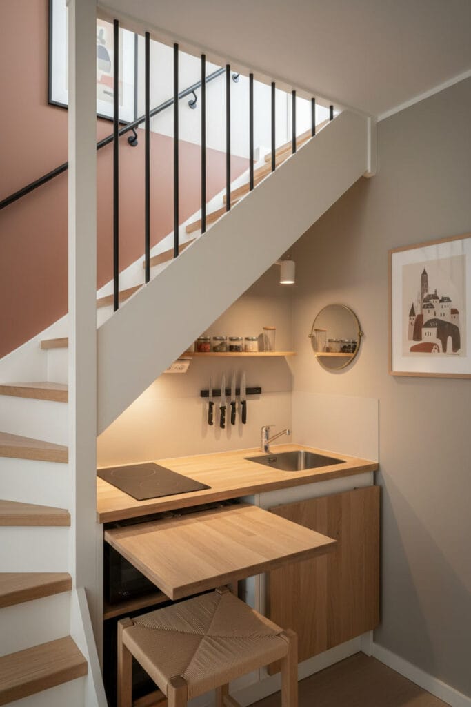 Aménagement Sous Escalier avec kitchenette scandinave dans un petit espace, escalier stylé et fonctionnel.