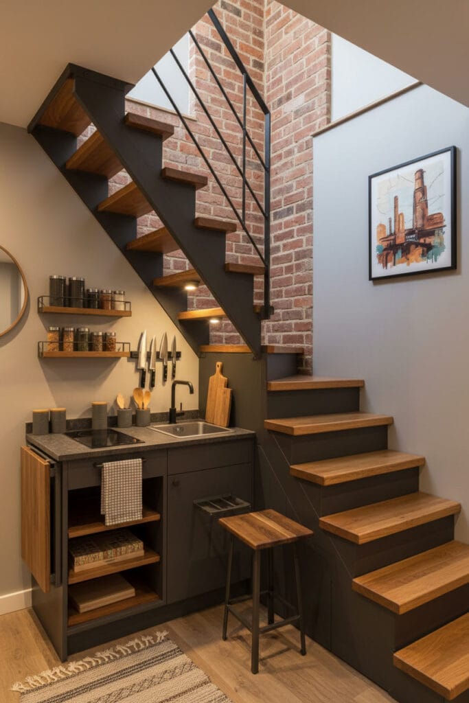 Aménagement Sous Escalier avec kitchenette industrielle, petit espace optimisé et escalier proportionné.