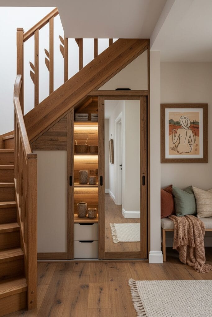 Aménagement Sous Escalier avec rangement Rustique chic, petit espace optimisé et escalier proportionné.