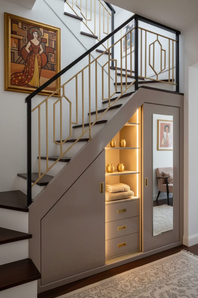 Aménagement Sous Escalier avec rangement Art Déco chic, petit espace optimisé et escalier élégant.
