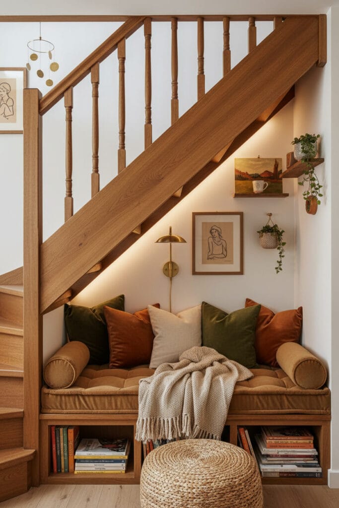 Aménagement Sous Escalier avec coin lecture vintage chic, petit espace cosy et escalier harmonieux.