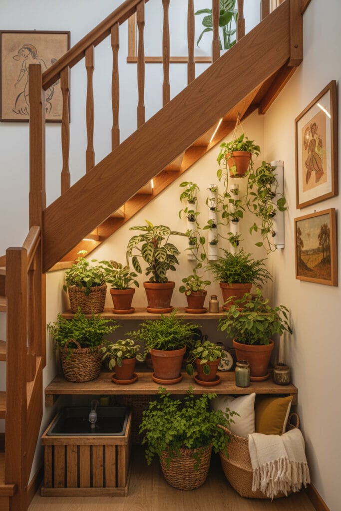 Aménagement Sous Escalier avec jardin d’intérieur Rustique Chic, petit espace verdoyant et escalier harmonieux.