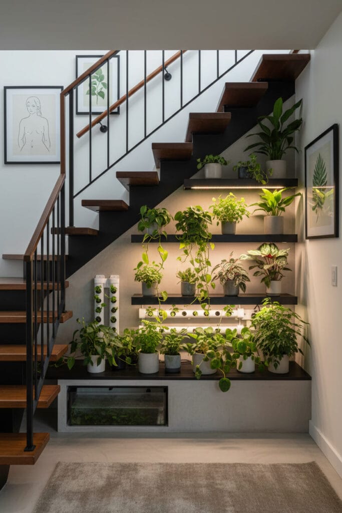 Aménagement Sous Escalier avec jardin d’intérieur contemporain urbain, petit espace verdoyant et escalier élégant.