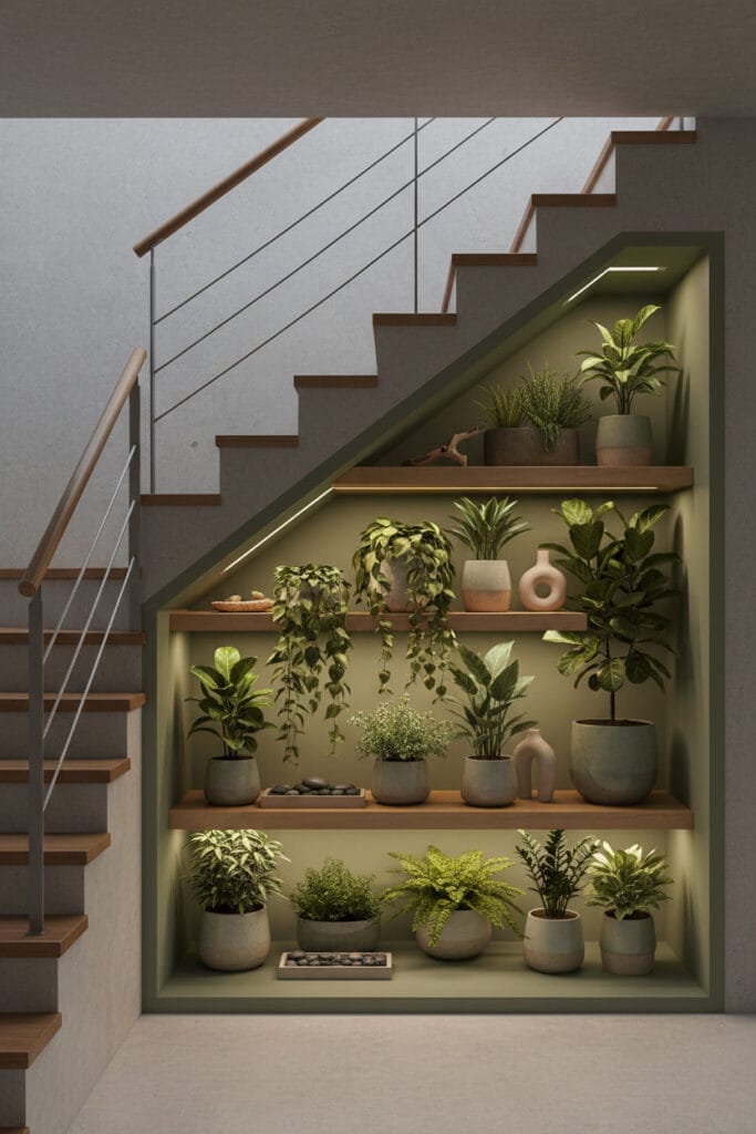 Jardin d’intérieur sous escalier avec plantes et étagères intégrées