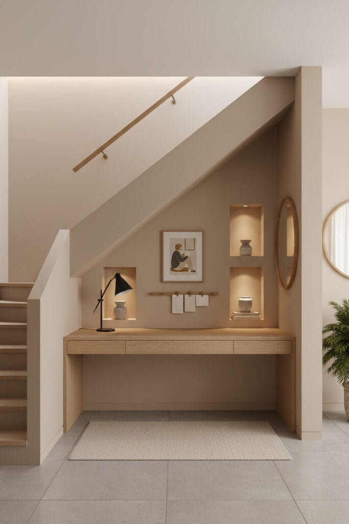 Aménagement Sous Escalier avec coin bureau japandi harmonieux, mobilier sur mesure et espace parfaitement optimisé.