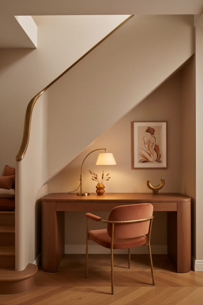 Aménagement Sous Escalier avec coin bureau Art Déco cosy, illustration artistique élégante et couleurs chaleureuses.