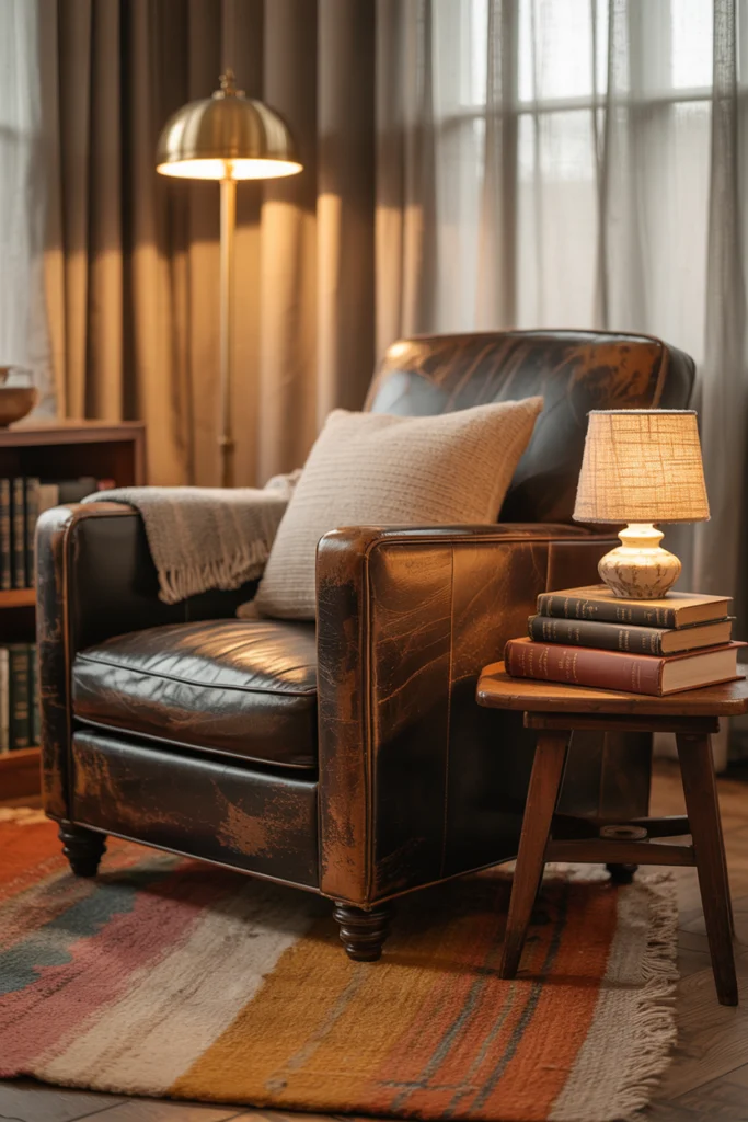 Tapis vintage en laine épaisse beige et brun, associé à un fauteuil en cuir patiné et des accessoires en métal doré.