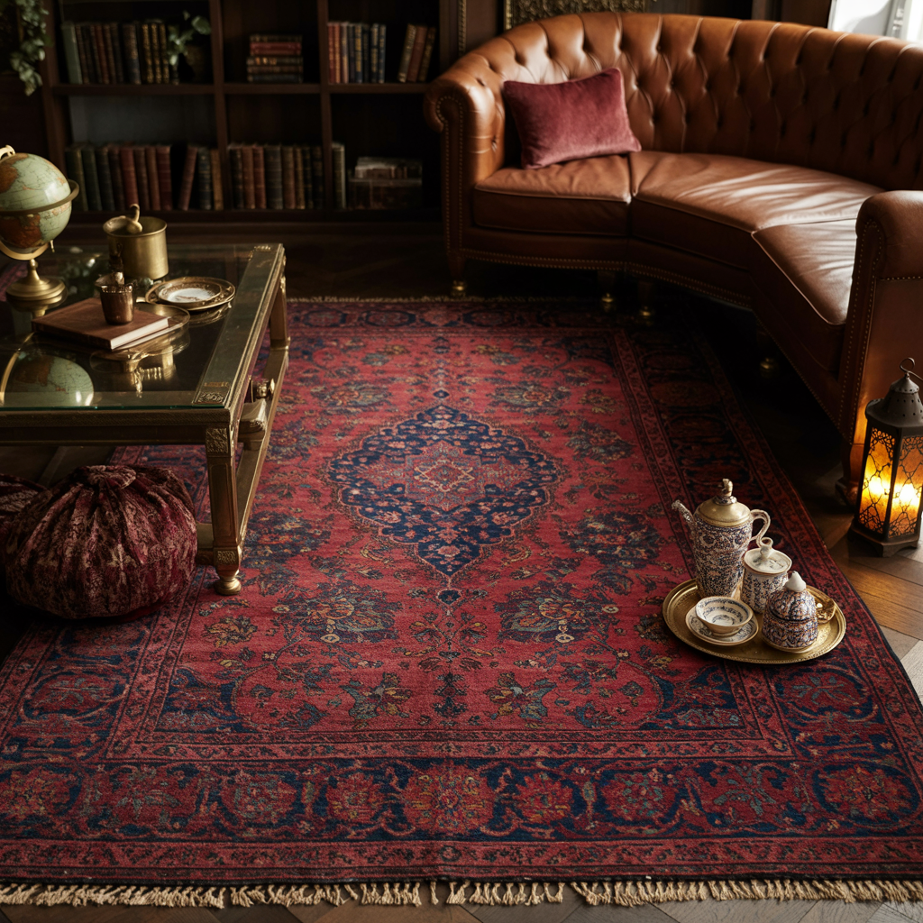 Tapis Vintage persan dans un salon chaleureux aux tons profonds.