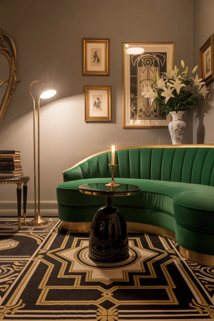 Tapis Vintage Art Déco géométrique dans un salon rétro épuré.