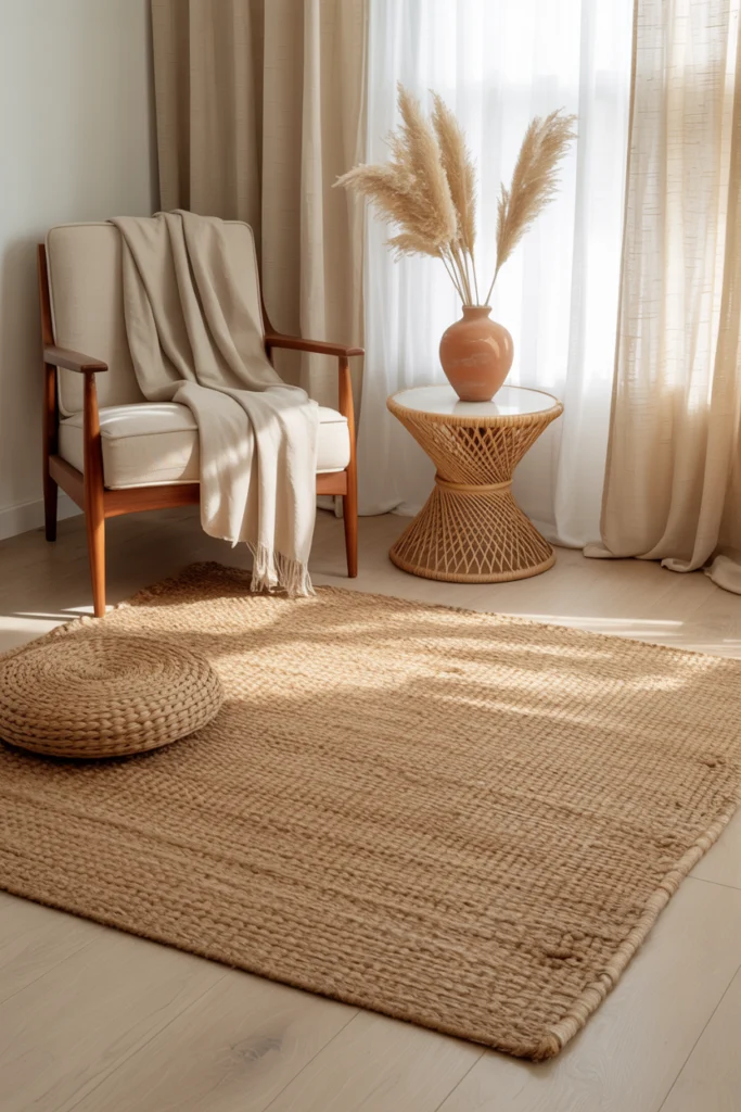 Tapis Vintage en jute naturel dans un salon épuré