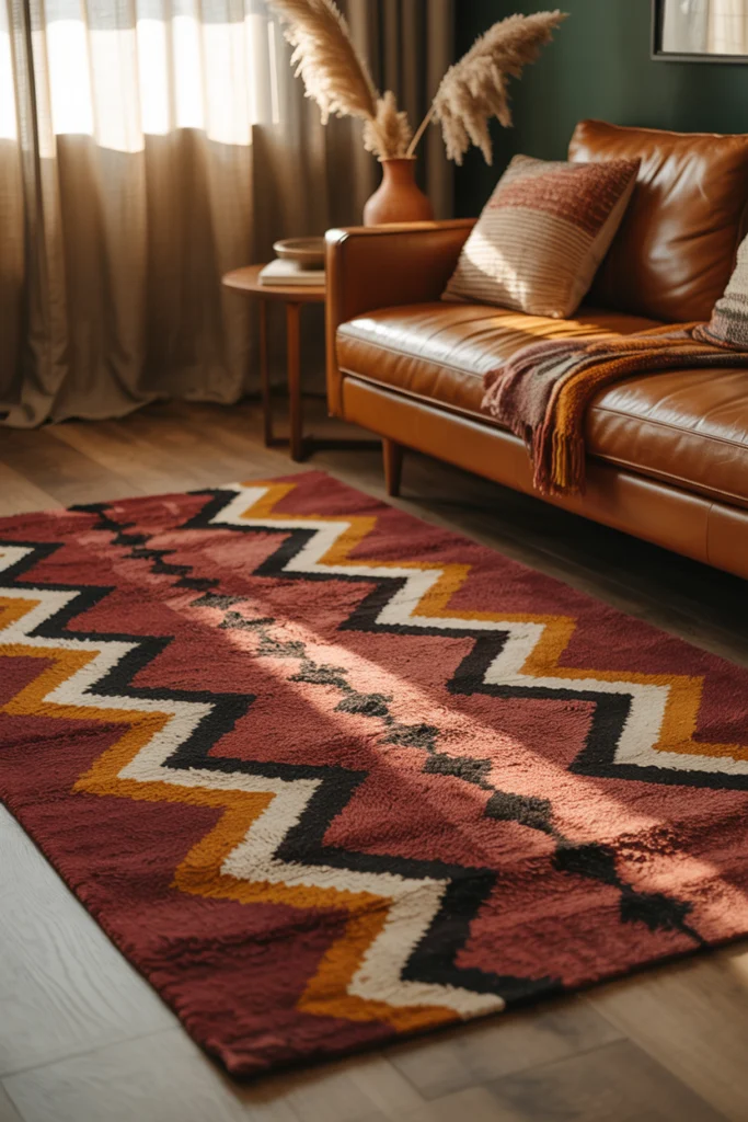 Tapis Vintage bordeaux à motifs zigzag dans un salon cocooning
