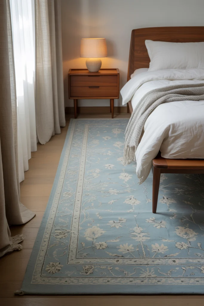 Tapis Vintage bleu pâle à motifs floraux années 50