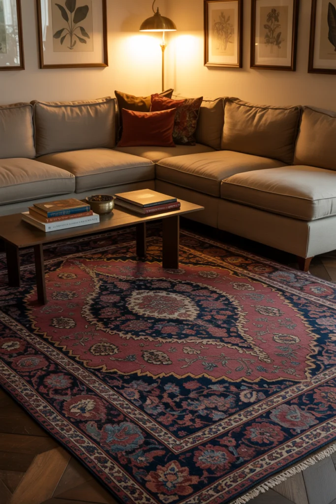 Grand tapis vintage persan dans un salon convivial et cosy