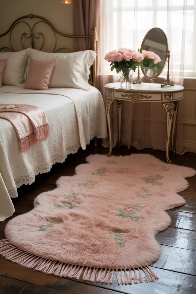 Tapis vintage romantique rose à fleurs dans une chambre intimiste