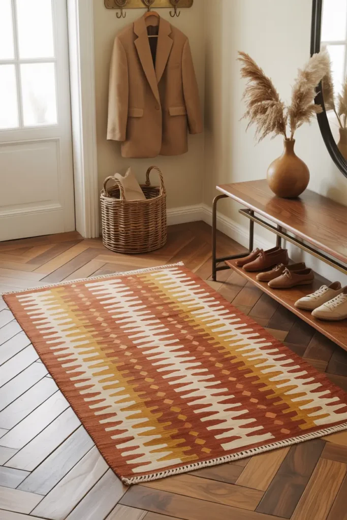 Tapis vintage kilim géométrique dans une entrée fonctionnelle