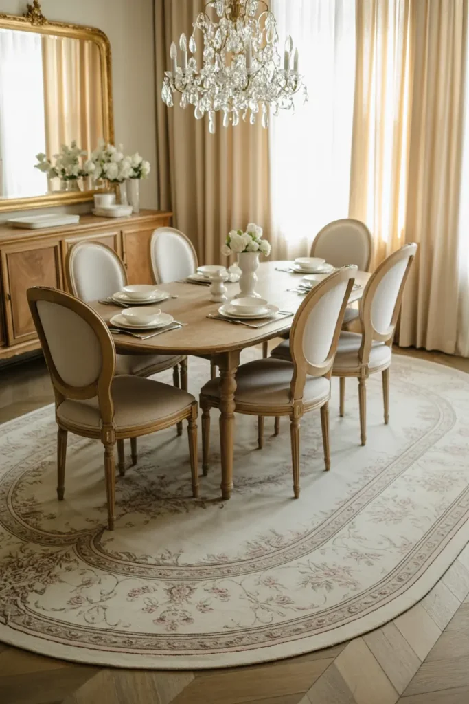 Tapis vintage ovale élégant dans une salle à manger raffinée
