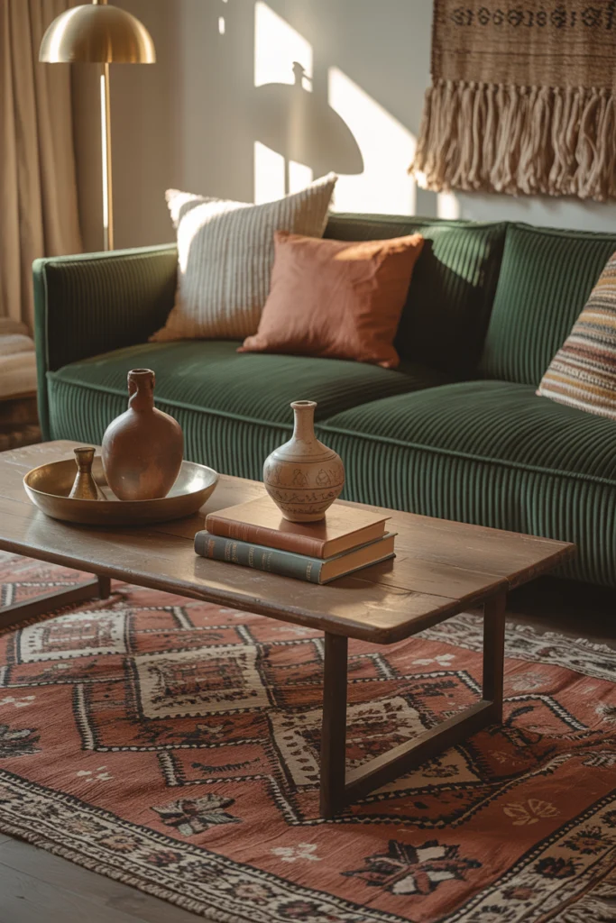 Tapis vintage berbère aux motifs géométriques sur un parquet en bois, associé à un canapé en velours vert et une table basse en chêne.