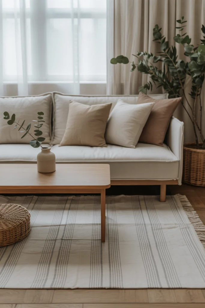 Tapis vintage en coton rayé gris et blanc, associé à un canapé beige et des coussins en lin dans une ambiance scandinave.