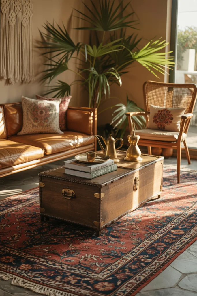 Tapis vintage persan aux motifs floraux dans un salon bohème chaleureux avec canapé en cuir, coussins brodés et plantes vertes.