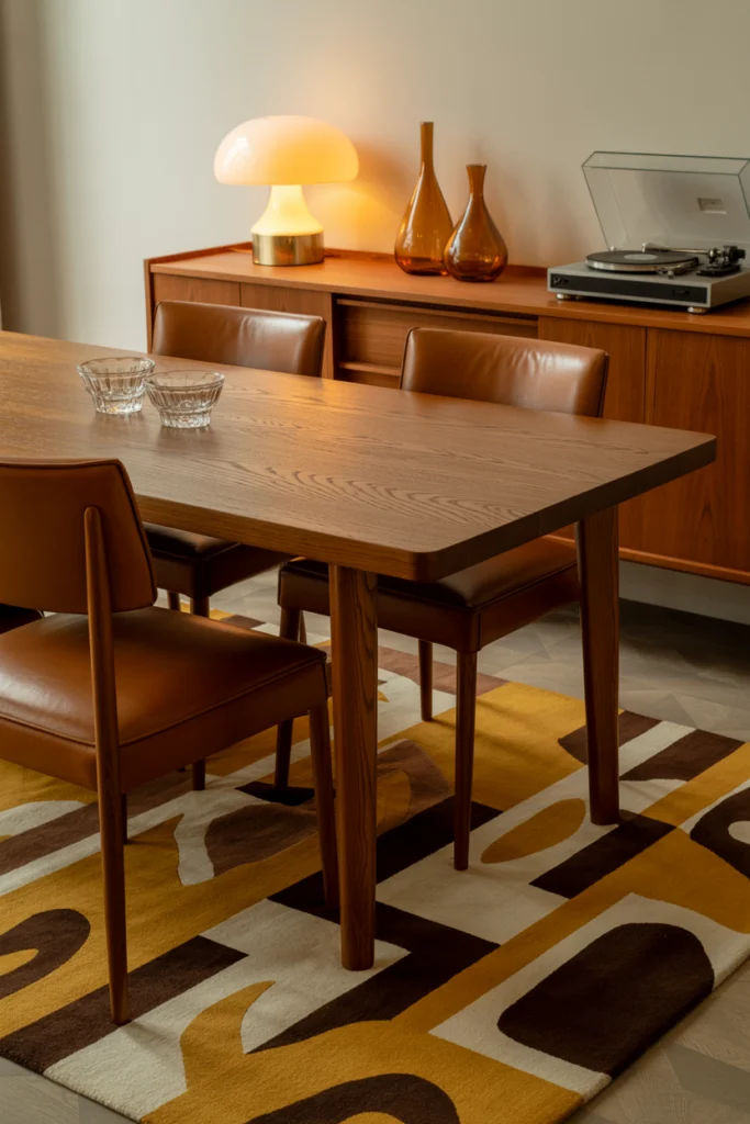 Tapis vintage années 70 motifs géométriques dans une salle à manger cosy avec table en chêne et chaises en cuir cognac.
