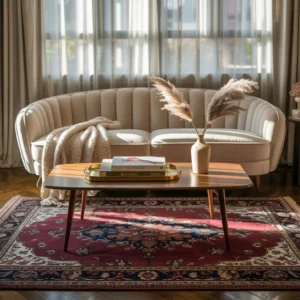 Tapis Vintage persan dans un salon cozy avec canapé velours et éclairage naturel.