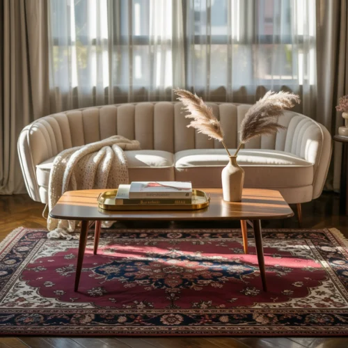 Tapis Vintage persan dans un salon cozy avec canapé velours et éclairage naturel.