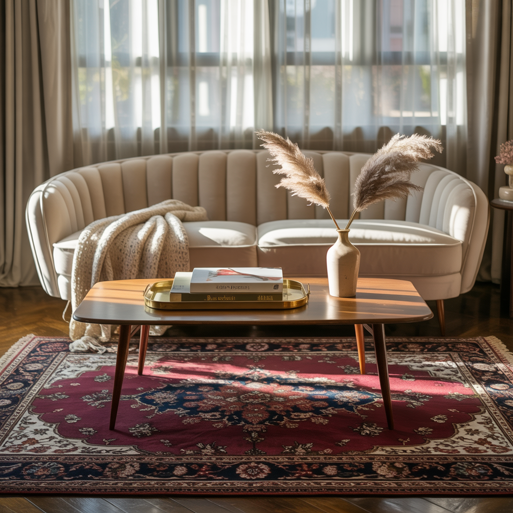 Tapis Vintage persan dans un salon cozy avec canapé velours et éclairage naturel.